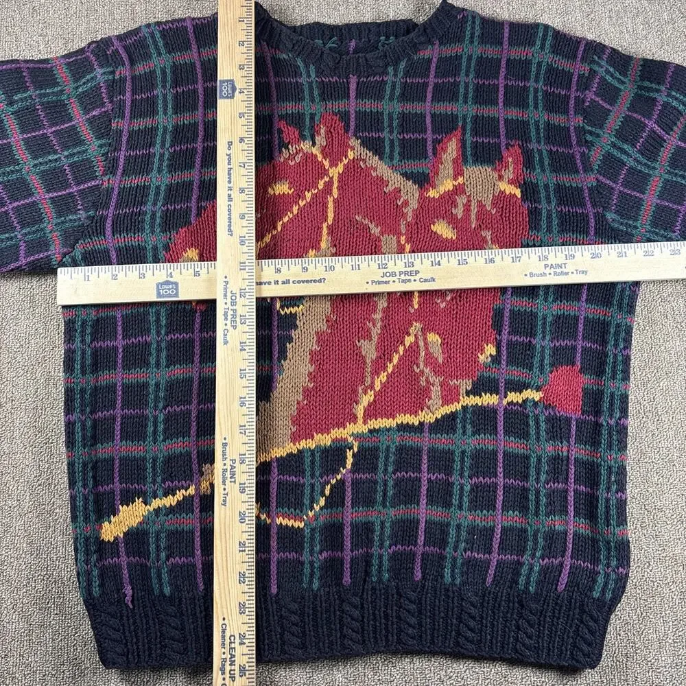 Vintage Equestrian Knit Sweater Black Purple Large Horses Long Sleeve USA
